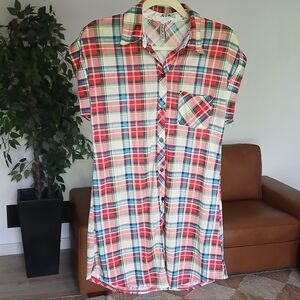 Plaid Summer Short Sleeve Button Up Shirt Dress Casual Lightweight Red Blue